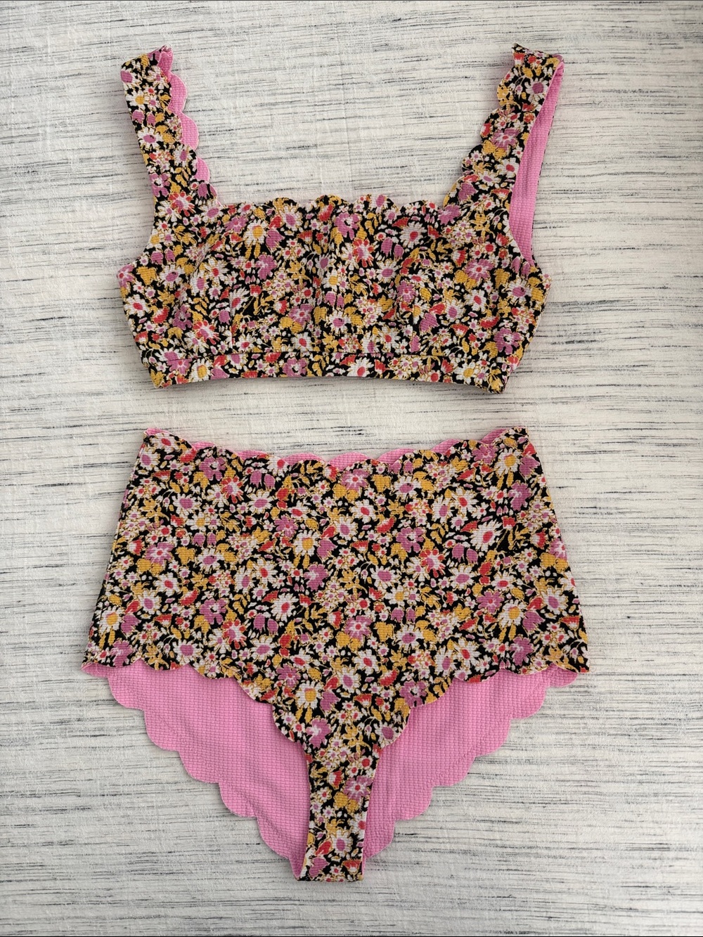 Marysia floral two piece swimsuit. 
Black/Bright Pink/Yellow/Orange//White